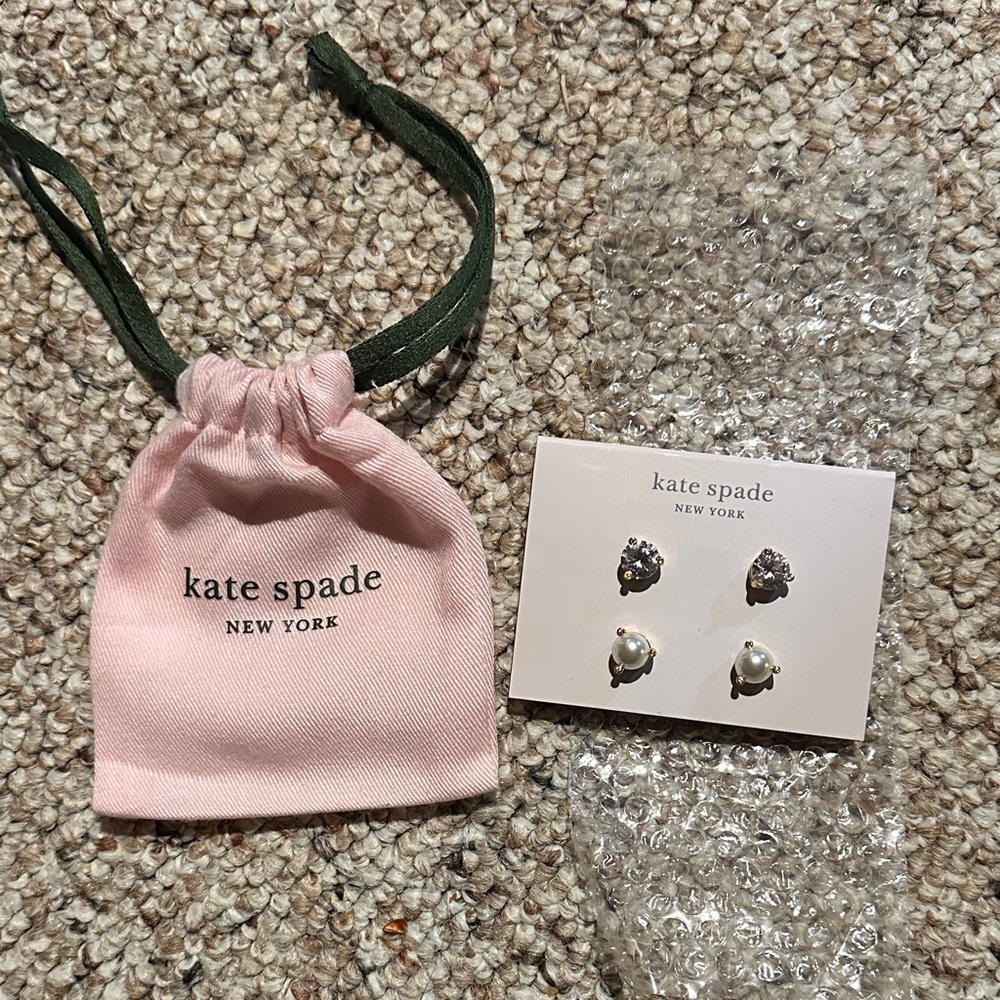 Kate Spade Rise and Shine Earring Set with Pink and Green Drawstring Bag